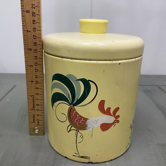 Vintage RANSBURG coated metal YELLOW ROOSTER CANISTER farmhouse cottage - Picture 9 of 11